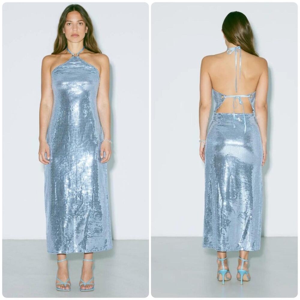 NWT Hosbjerg Sequin Melina Halter Bodycon‎ Midi Dress Winter Sky Blue XS Stretch